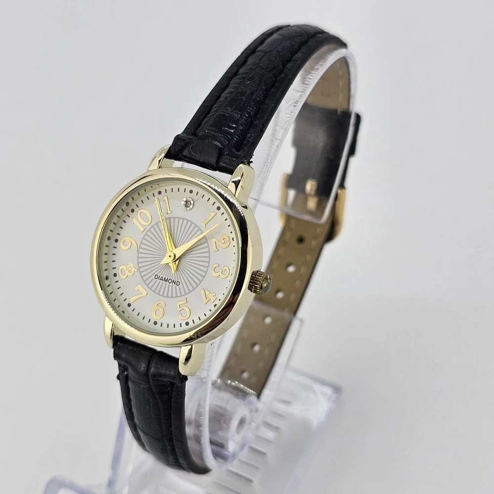 Women's Watch 28MM Cream Dial Black Faux Leather Bands NEW Battery